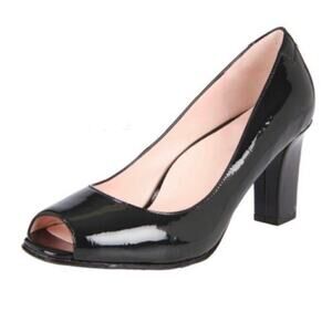 Taryn Rose Fierce Women Peep Toe Block Heel Black Patent Leather Pumps Size 6.5